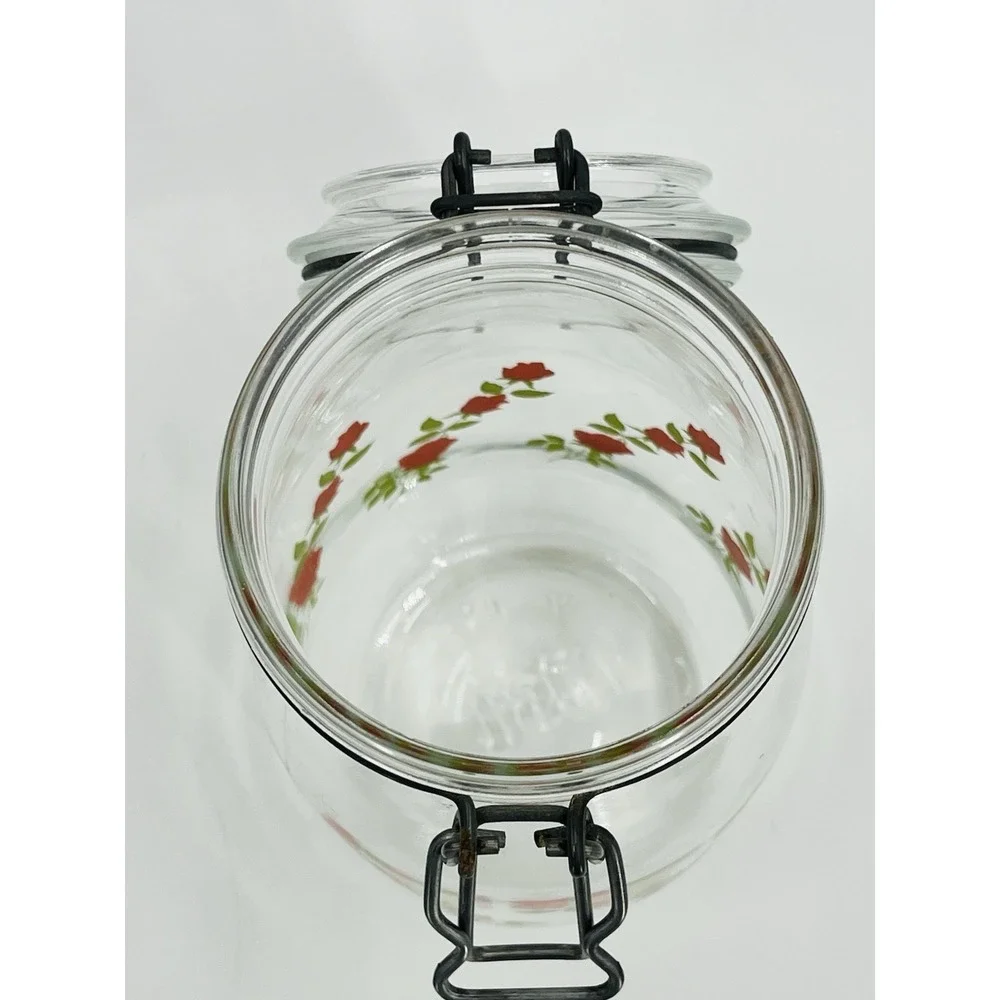 Vintage Arc Red Roses Flowers 1.5 Liter Glass Cannister Jar France Latched Lid